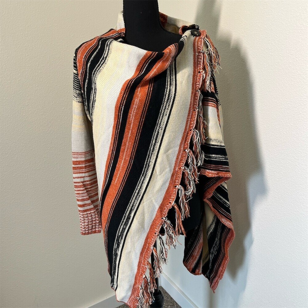 Unbranded Poncho Shawl Wrap Womens Size M Multicolor Striped Fringe Button​
